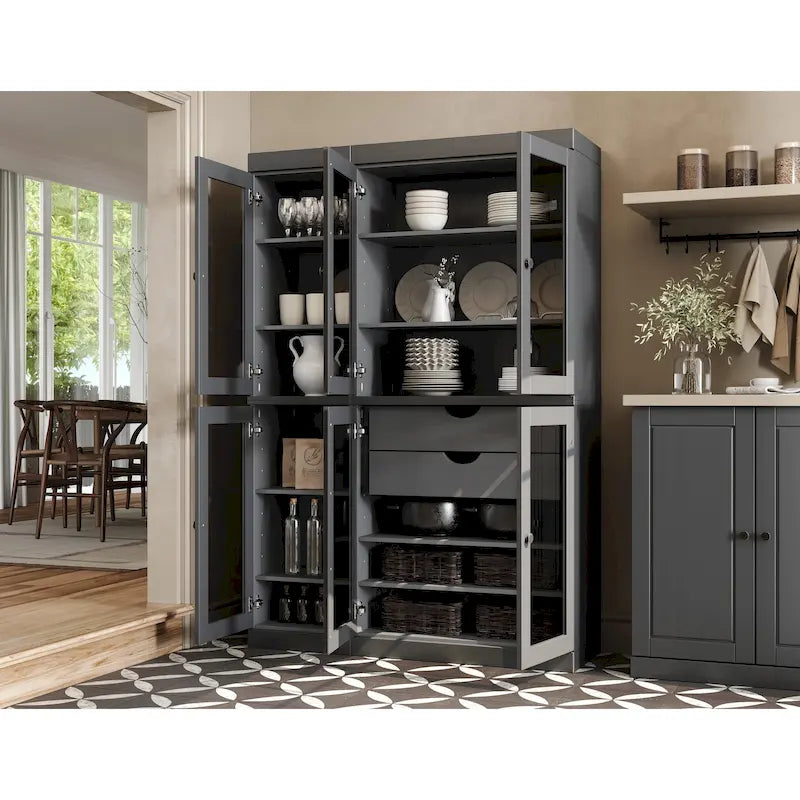 Meuble de rangement/argentier en bois massif de 123,2 cm avec portes vitrées et 2 tiroirs