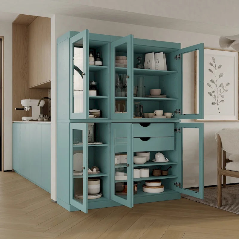 Meuble de rangement/argentier en bois massif de 123,2 cm avec portes vitrées et 2 tiroirs