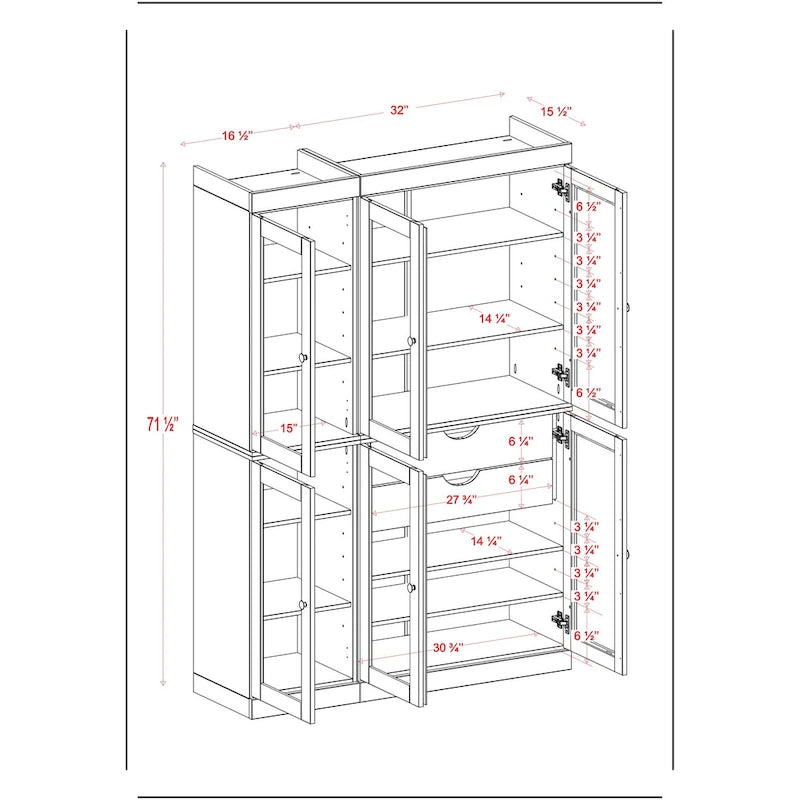 Meuble de rangement/argentier en bois massif de 123,2 cm avec portes vitrées et 2 tiroirs