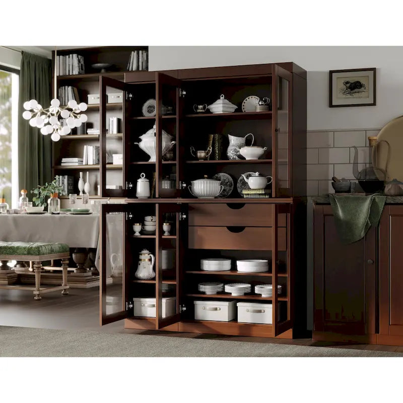 Meuble de rangement/argentier en bois massif de 123,2 cm avec portes vitrées et 2 tiroirs