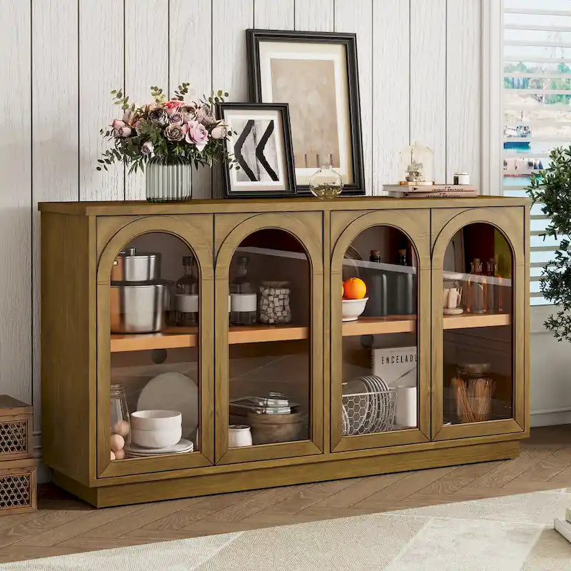 4-Door Large Storage Buffet Cabinet with Arched Glass Doors & Adjustable Shelves