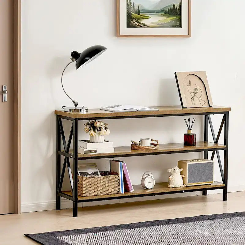 Console 3 niveaux MDF métal brun noir 55 pouces
