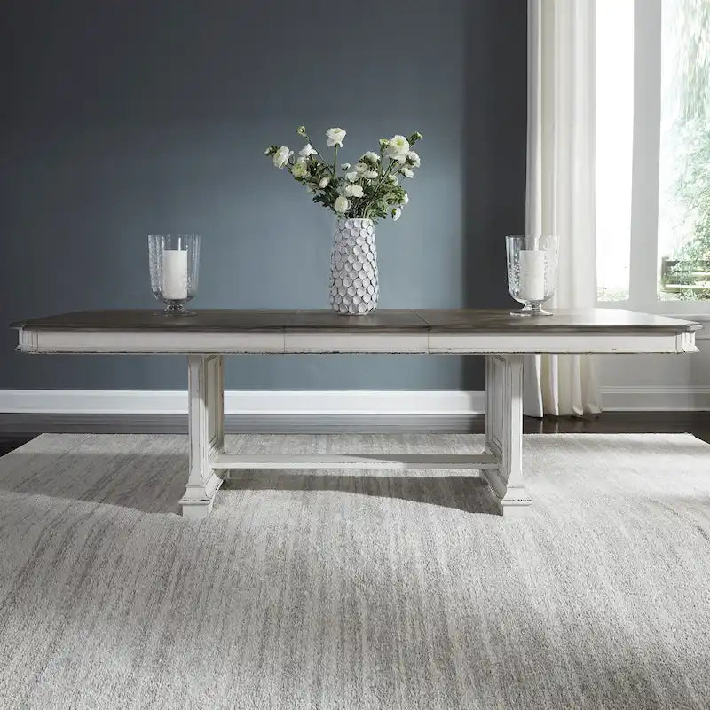 Table de salle à manger à tréteaux brun vieilli et blanc antique