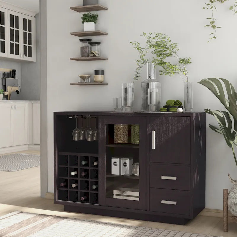 Buffet de salle à manger moderne en bois avec rangement pour vin et tiroirs