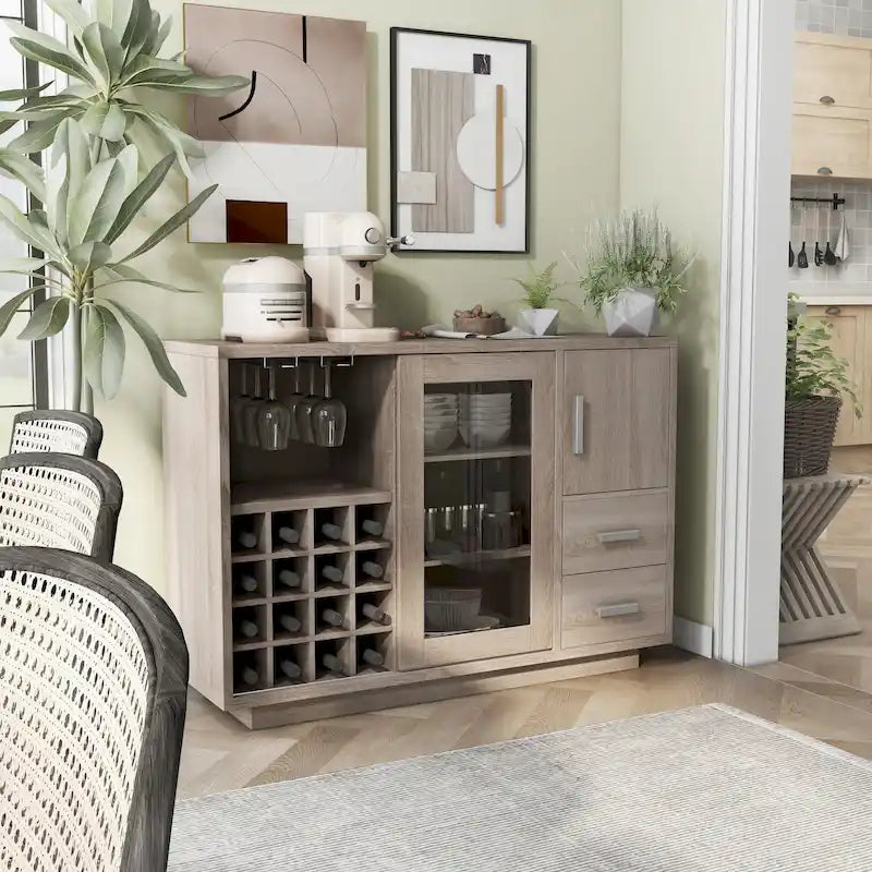 Buffet de salle à manger moderne en bois avec rangement pour vin et tiroirs