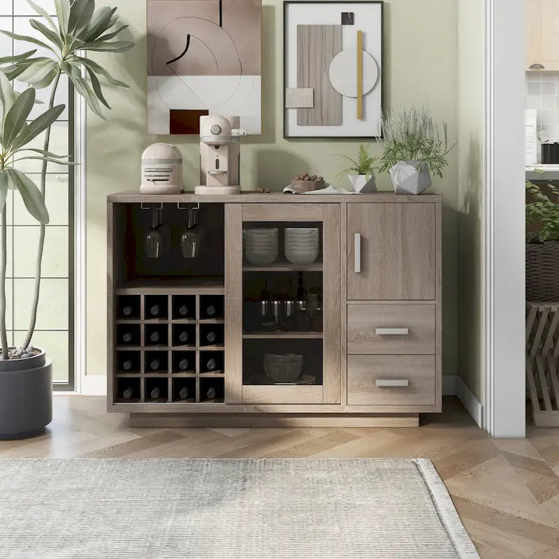 Buffet de salle à manger moderne en bois avec rangement pour vin et tiroirs
