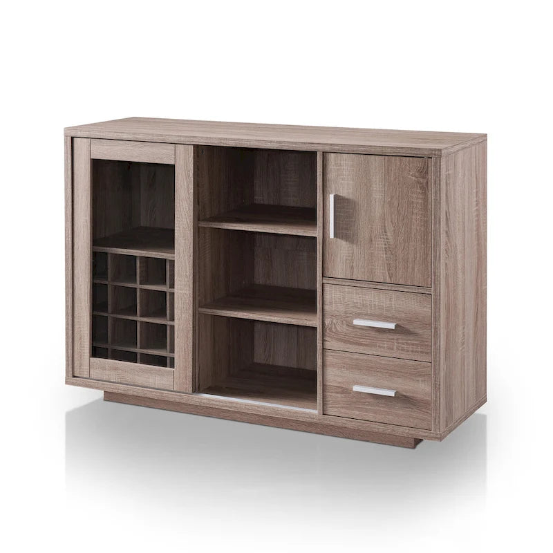 Buffet de salle à manger moderne en bois avec rangement pour vin et tiroirs
