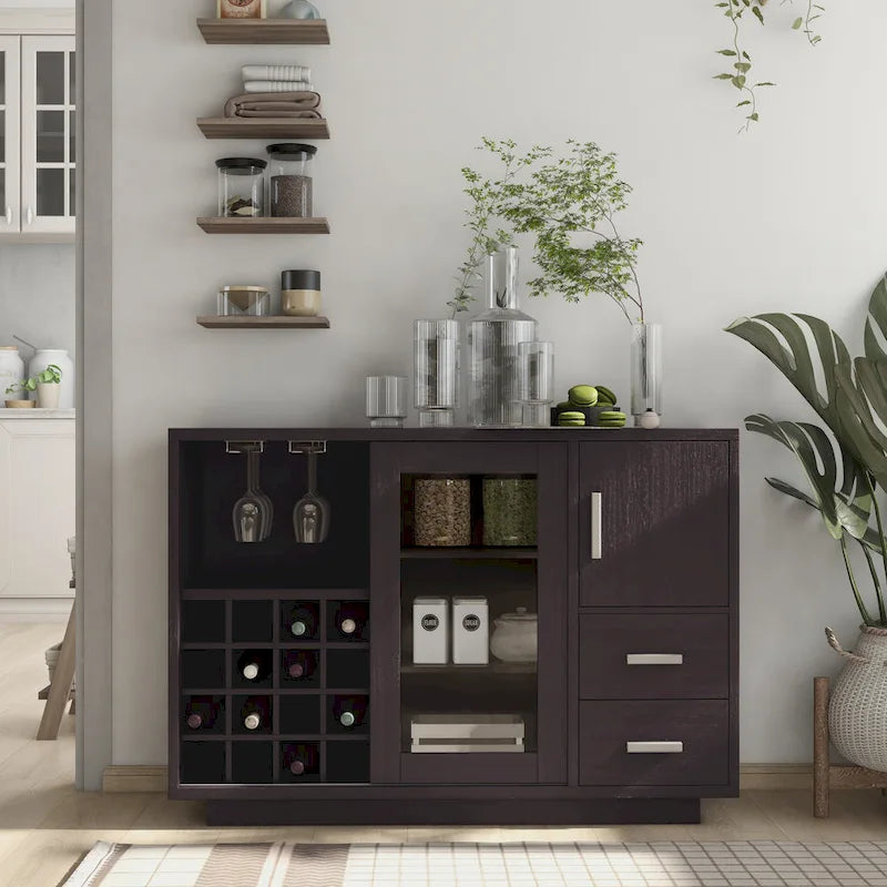 Buffet de salle à manger moderne en bois avec rangement pour vin et tiroirs