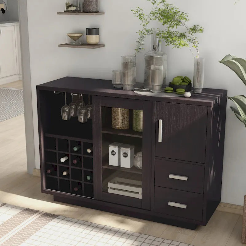 Buffet de salle à manger moderne en bois avec rangement pour vin et tiroirs