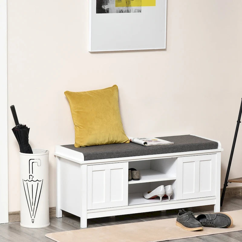 Banc à chaussures d'entrée avec 6 compartiments et siège rembourré Blanc/Gris