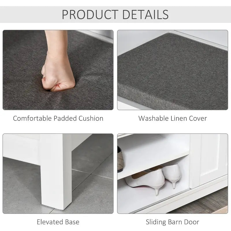 Banc à chaussures d'entrée avec 6 compartiments et siège rembourré Blanc/Gris