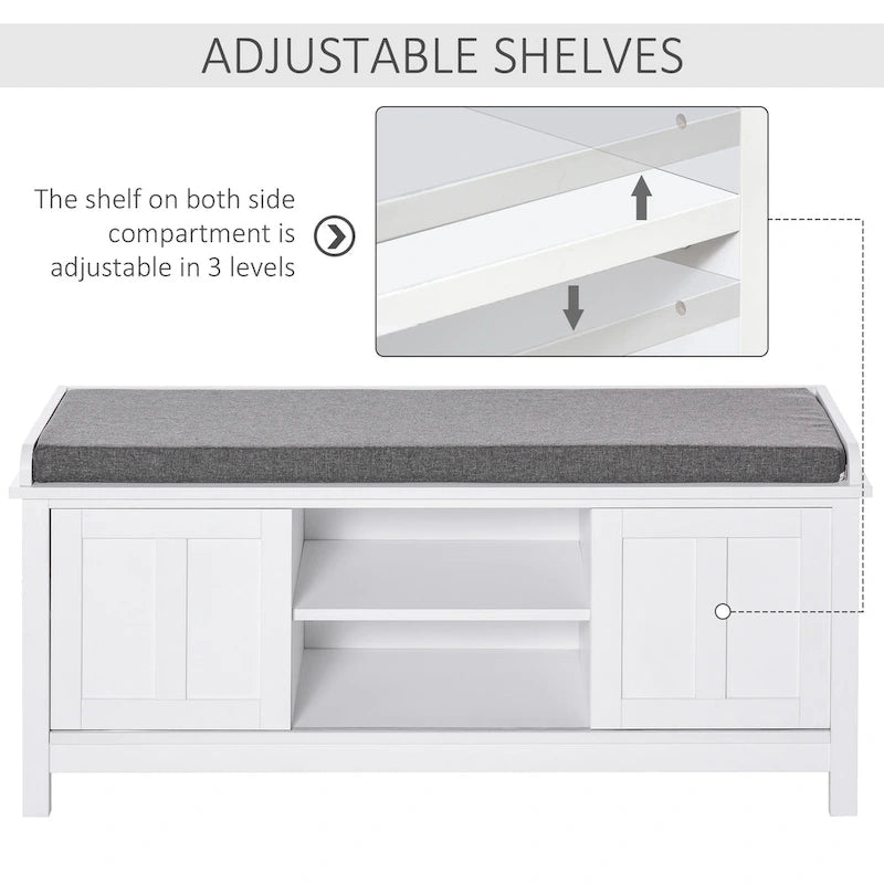 Banc à chaussures d'entrée avec 6 compartiments et siège rembourré Blanc/Gris