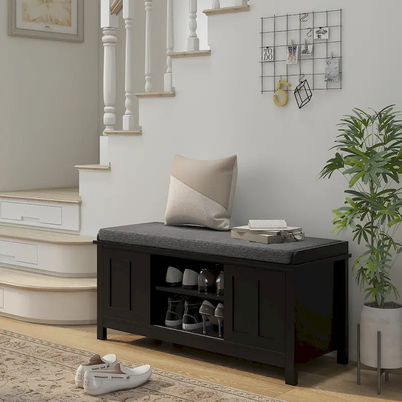 Banc à chaussures d'entrée avec 6 compartiments et siège rembourré Blanc/Gris