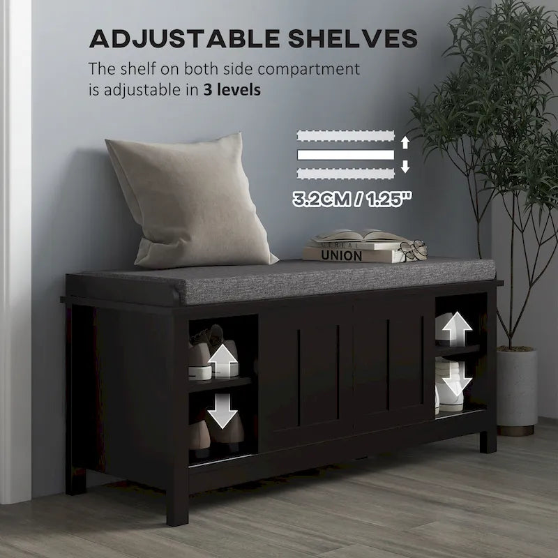 Banc à chaussures d'entrée avec 6 compartiments et siège rembourré Blanc/Gris