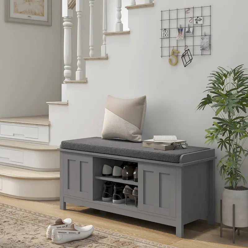 Banc à chaussures d'entrée avec 6 compartiments et siège rembourré Blanc/Gris
