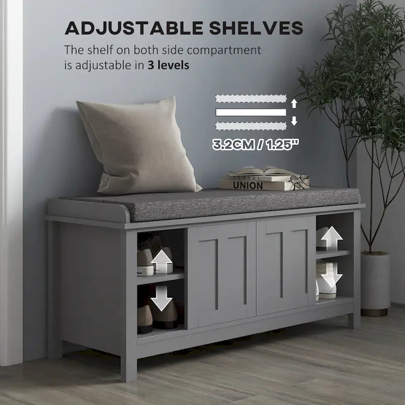 Banc à chaussures d'entrée avec 6 compartiments et siège rembourré Blanc/Gris