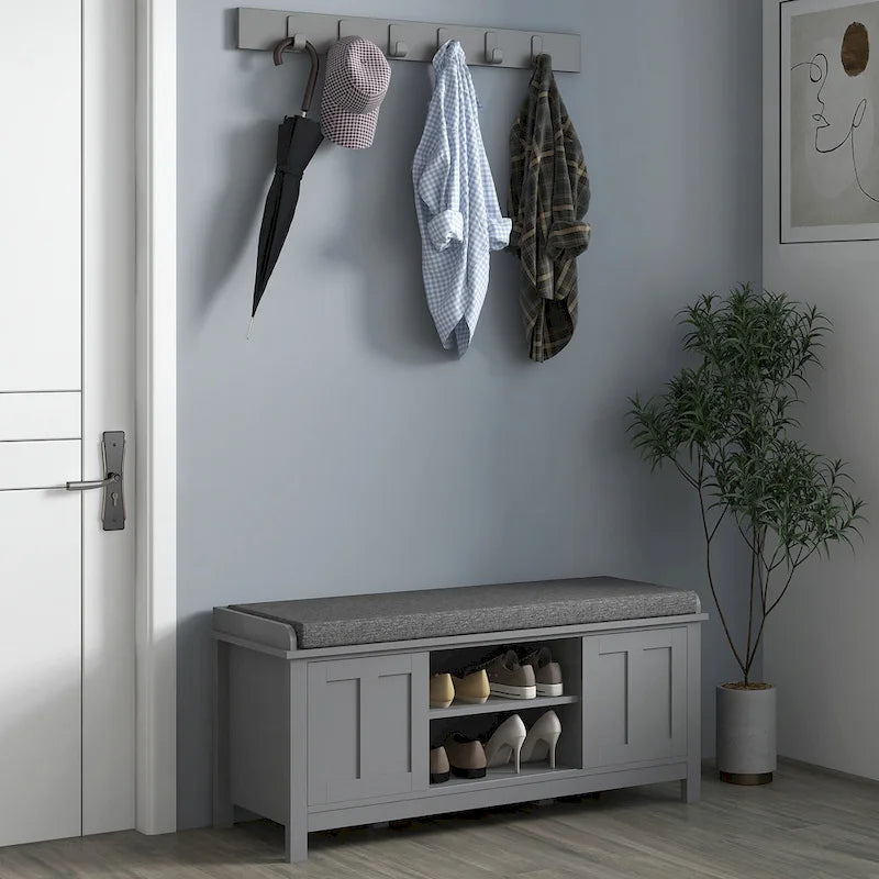 Banc à chaussures d'entrée avec 6 compartiments et siège rembourré Blanc/Gris