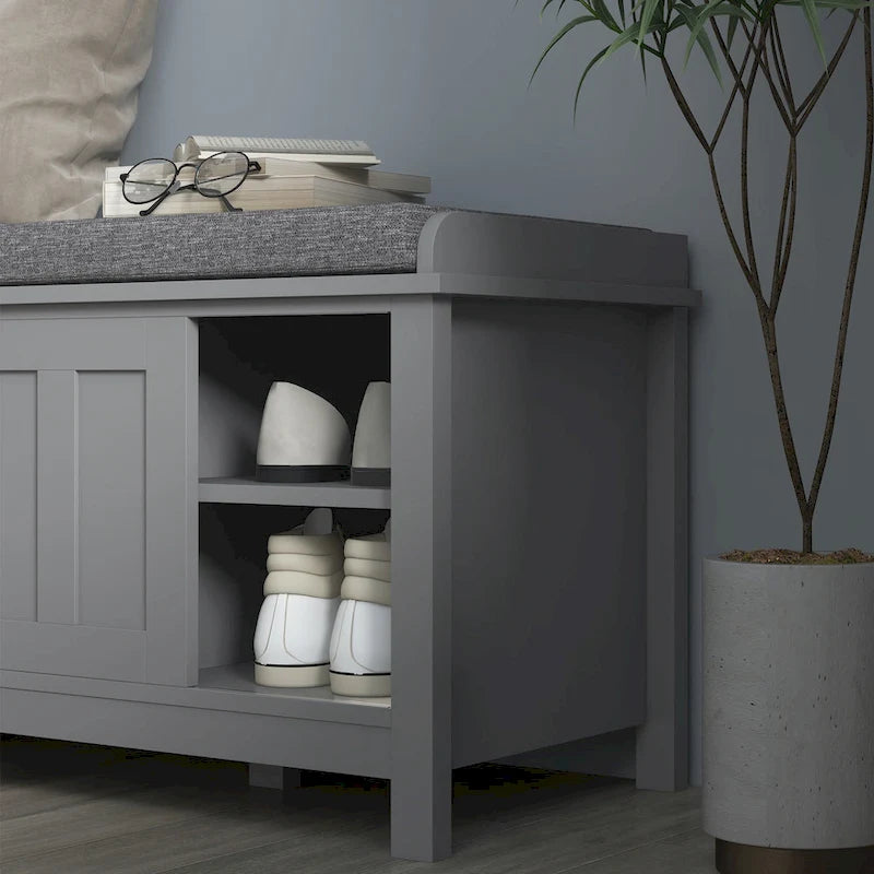 Banc à chaussures d'entrée avec 6 compartiments et siège rembourré Blanc/Gris