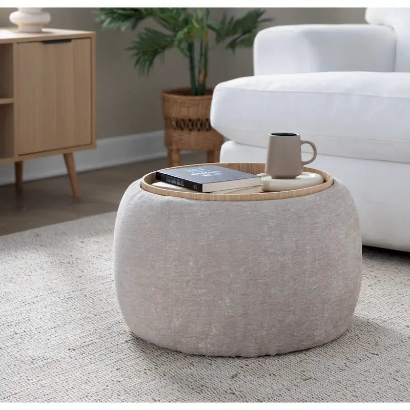Pouf ottoman avec plateau amovible en bois naturel