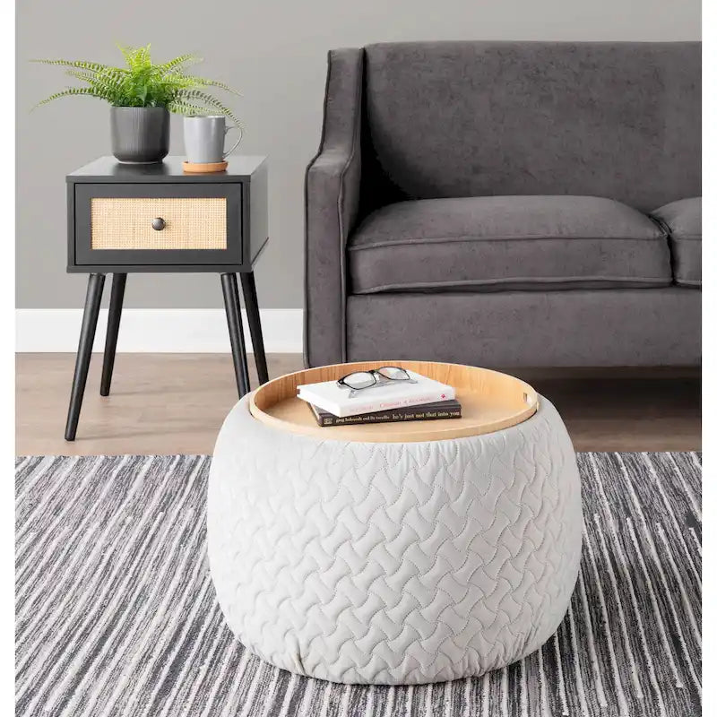 Pouf ottoman avec plateau amovible en bois naturel