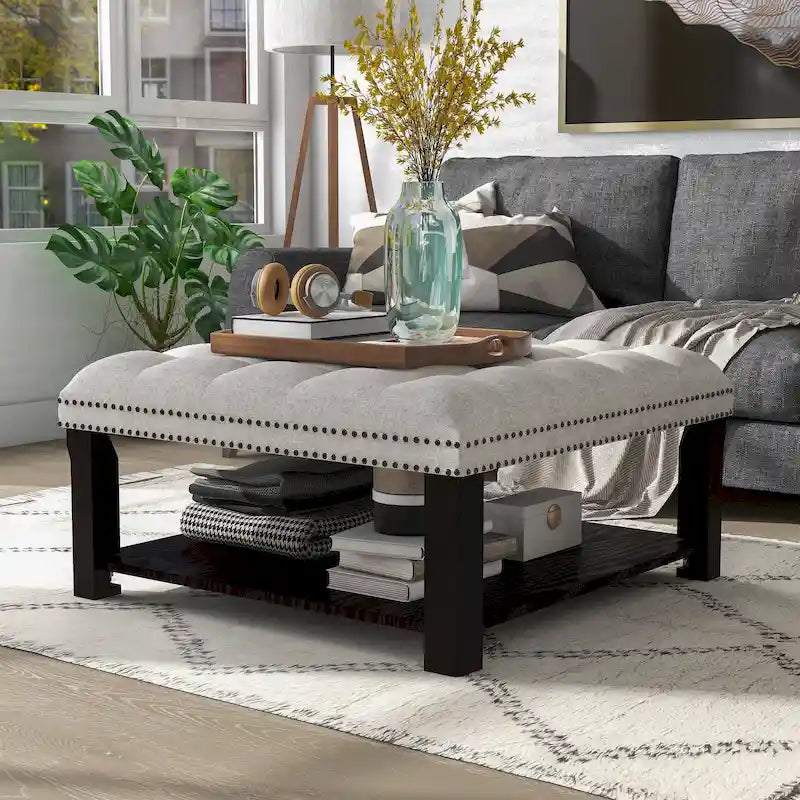 Pouffe de salon rectangulaire capitonné en lin avec clous décoratifs et rangement