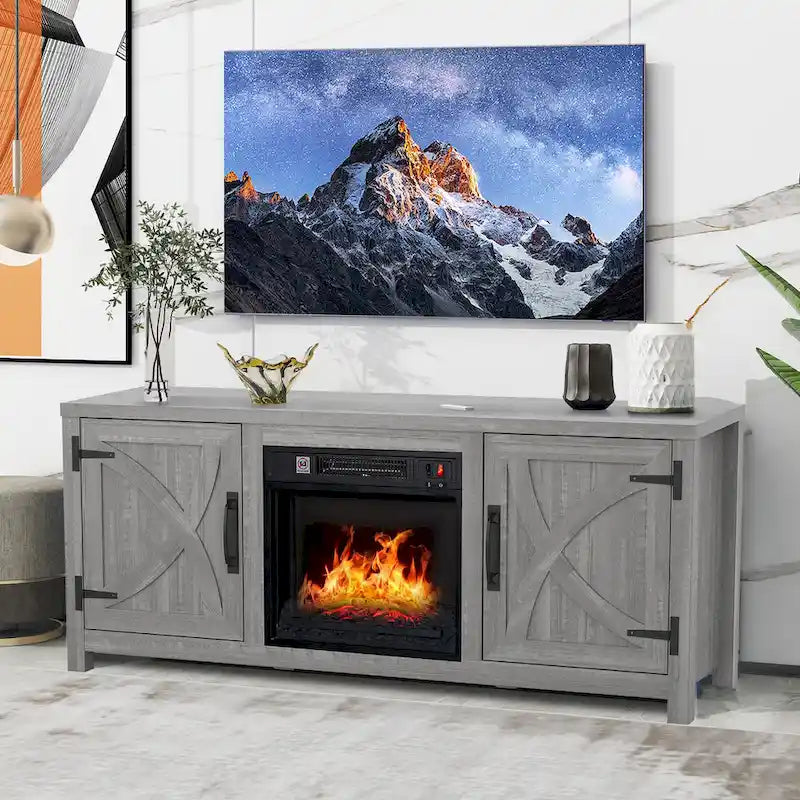 Meuble TV de 58 pouces gris avec cheminée électrique et console, incluant un foyer électrique de 18 pouces