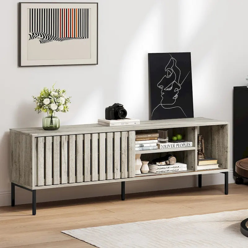 Meuble TV de 64 po avec porte coulissante creuse et tablettes réglables