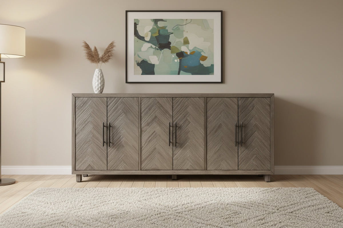 90 Six Door TV Console, Entertainment Stand, Wood Accent Cabinet, Fully Assembled, Gray - 90W x 32H x 16D