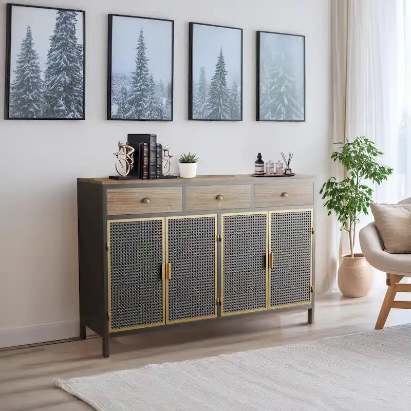 Bahut moderne de 122 cm de large avec 3 tiroirs et 4 portes