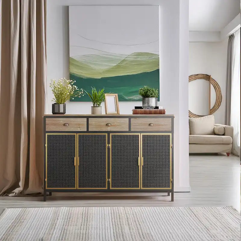 Bahut moderne de 122 cm de large avec 3 tiroirs et 4 portes