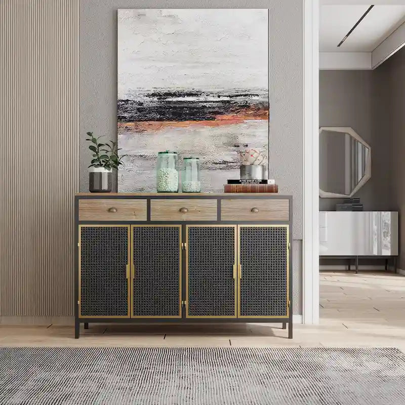 Bahut moderne de 122 cm de large avec 3 tiroirs et 4 portes